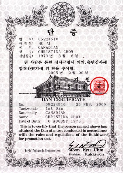 Taekwondo Kukkiwon Certificate